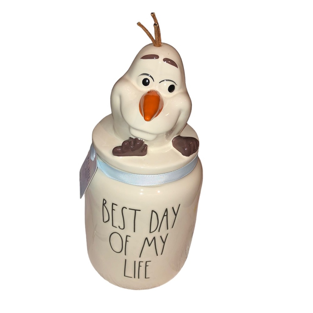 Rae Dunn BEST DAY OF MY LIFE canister with Olaf topper cover